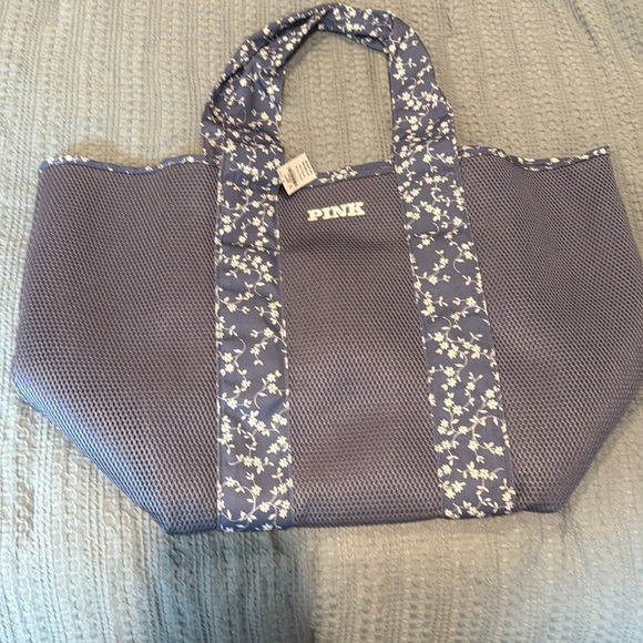 Pink by Victoria’s Secret Blue Mesh Pool Beach Large Tote Bag Blue & Floral NWT - Picture 3 of 7